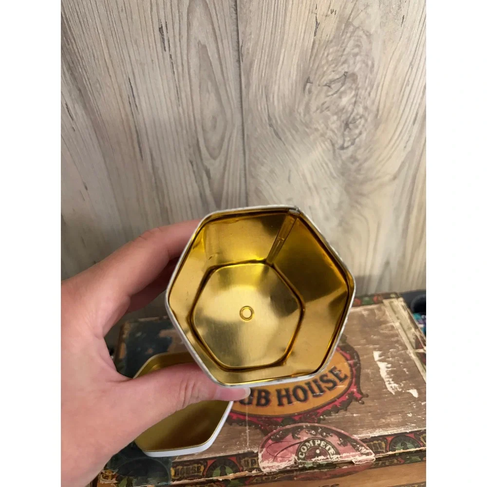 Vintage Hexagonal Wildflower Botanical Metal Tin White Gold Cottagecore Decor